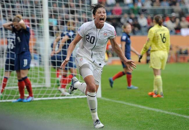 File photo - United States' Abby Wambach celebrates scoring her side's 2nd goal during the semifinal match between France and the United States at the Women’s Soccer World Cup in Moenchengladbach, Germany, Wednesday, July 13, 2011.