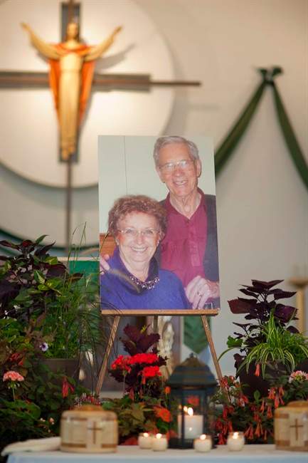 The portrait of Lyle and Marie McCann at their memorial service at the St. Albert Catholic Church, in St. Albert, Alta., on Saturday, July 30, 2011.  THE CANADIAN PRESS/John Ulan