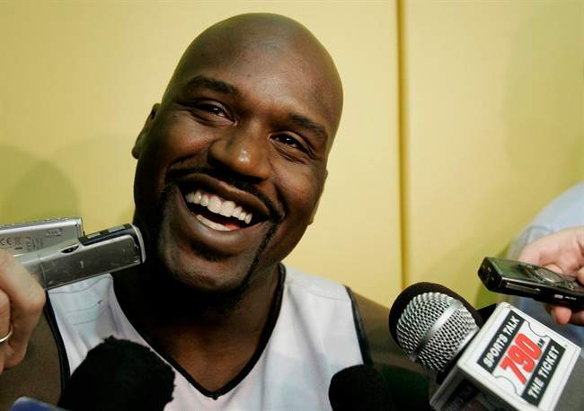 FILE - This April 19, 2007, file photo shows Miami Heat center Shaquille O'Neal talking to the news media following a team basketball practice in Miami.