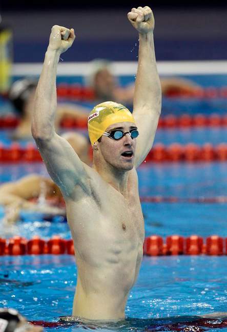 Australia's James Magnussen looks at the scoreboard after winning the men's 100m Freestyle final at the FINA Swimming World Championships in Shanghai, China, Thursday, July 28, 2011. (AP Photo/Wong Maye-E).