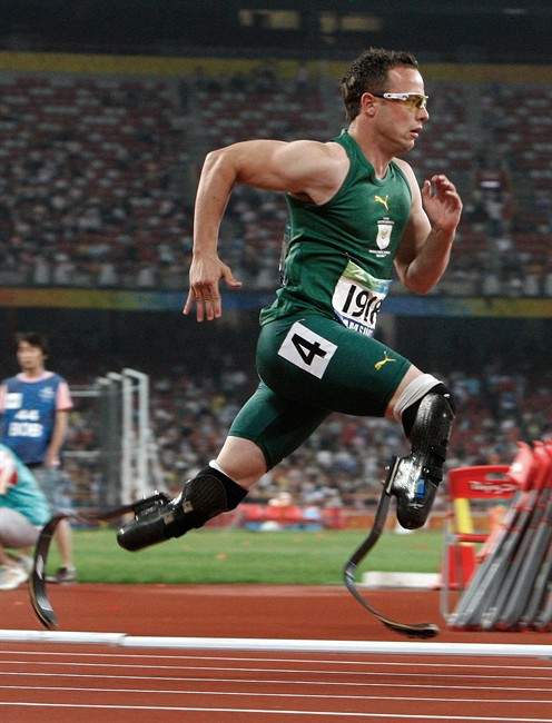 FILE - In this Sept. 16, 2008 file photo, Oscar Pistorius of South Africa competes in the Men's 400m T44 final at the Beijing 2008 Paralympic Games in Beijing, China. Previously banned from competing, and both now cleared to run again after high-profile legal battles, South African athletes Caster Semenya and Oscar Pistorius face defining moments in their young careers at the upcoming world championships. (AP Photo/Andy Wong, File).