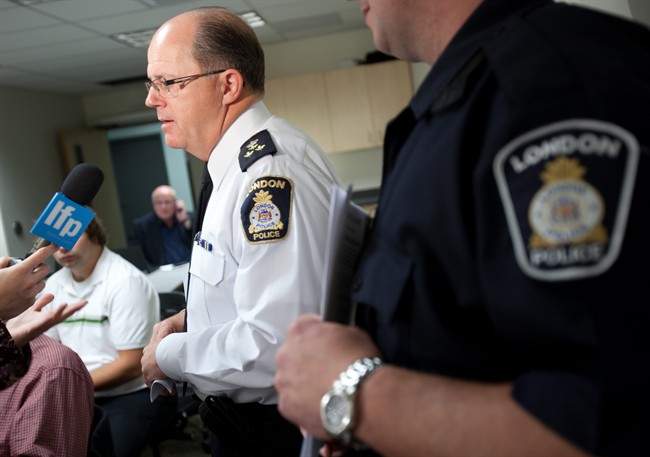 London Police Chief Brad Duncan speaks at a press conference September 28, 2011, announcing police have charged Chris Moorhouse, a 26-year-old London, Ontario man in the banana toss incident at last week's Philadelphia Flyers, Detroit Red Wings exhibition NHL game at the John Labatt Centre. THE CANADIAN PRESS/ Geoff Robins.