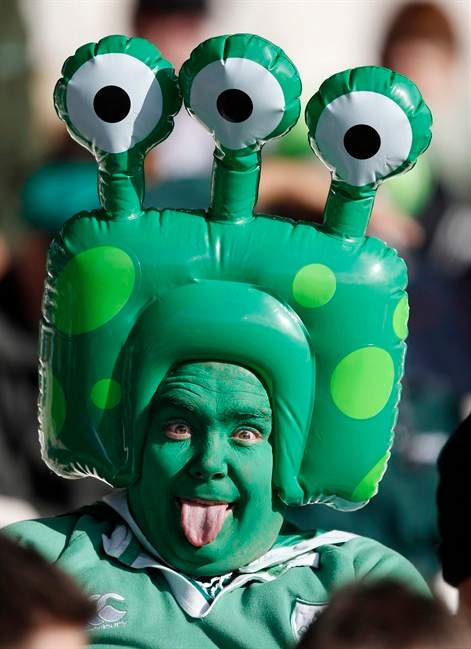 An Irish fan shows his support ahead of his teams Rugby World Cup game against Russia at Rotorua International Stadium in Rotorua, New Zealand, Sunday, Sept. 25, 2011. (AP Photo/Dita Alangkara).
