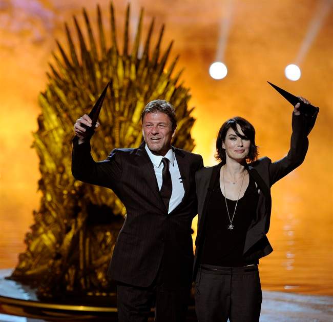 ‘Game of Thrones’ cast members Sean Bean, left, and Lena Headey accept the Best TV Show award on behalf of the show at the 2011 Scream Awards, Saturday, Oct. 15, 2011, in Los Angeles, Calif.