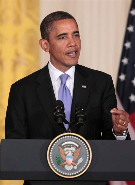 President Barack Obama gestures during his joint news conference with South Korean President Lee Myung-bak, Thursday, Oct. 13, 2011, in the East Room at the White House in Washington. (AP Photo/Pablo Martinez Monsivais).