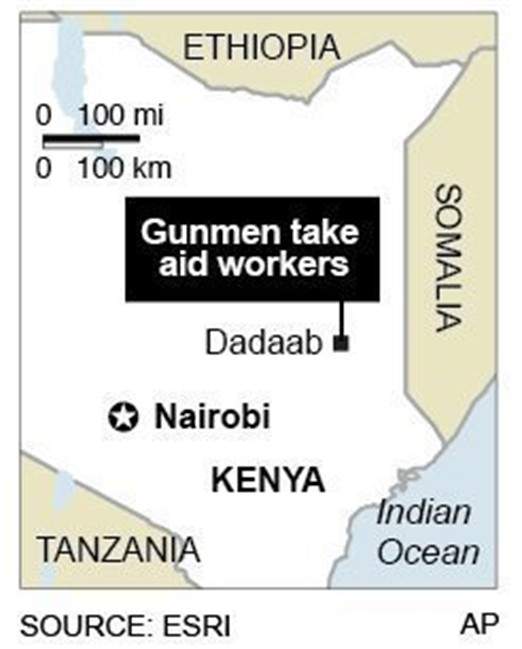 Map locates camp, where gunmen take aid workers.