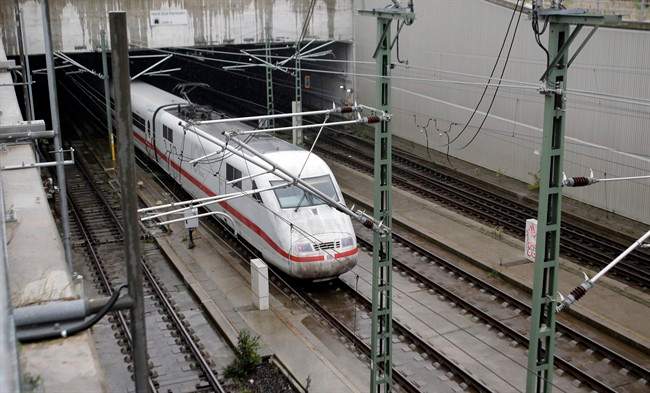 An ICE high speed train enters the northern exit of Berlin's central train station tunnel in Berlin(AP Photo/Michael Sohn).