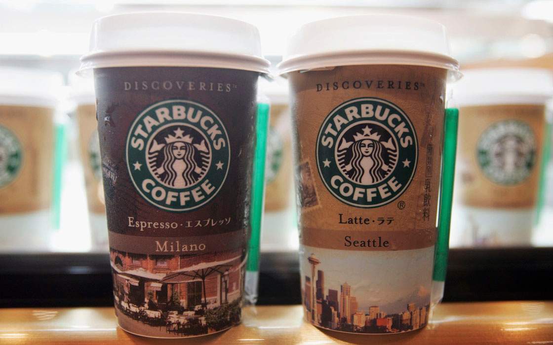 Starbucks Coffee Company's news product 'Starbucks Discoveries'(Espressso (L), Latte (R)) are seen during a preview party on September 26, 2005 in Tokyo, Japan.
