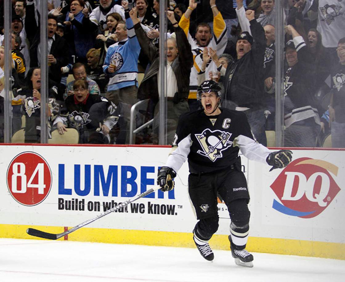 Sidney Crosby of the Pittsburgh Penguins celebrates his first period goal against the New York Islanders during the game at Consol Energy Center.