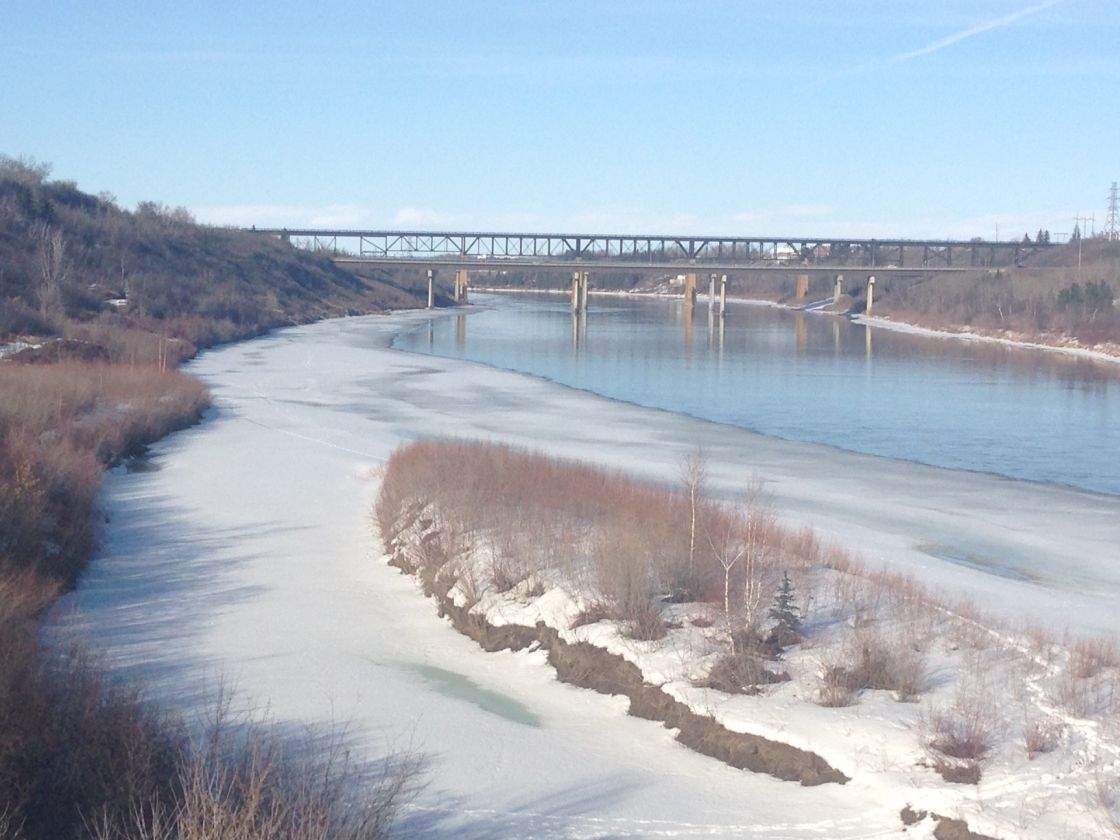 Two children were pulled to safety after falling through the ice on the North Saskatchewan River Sunday, March 31.