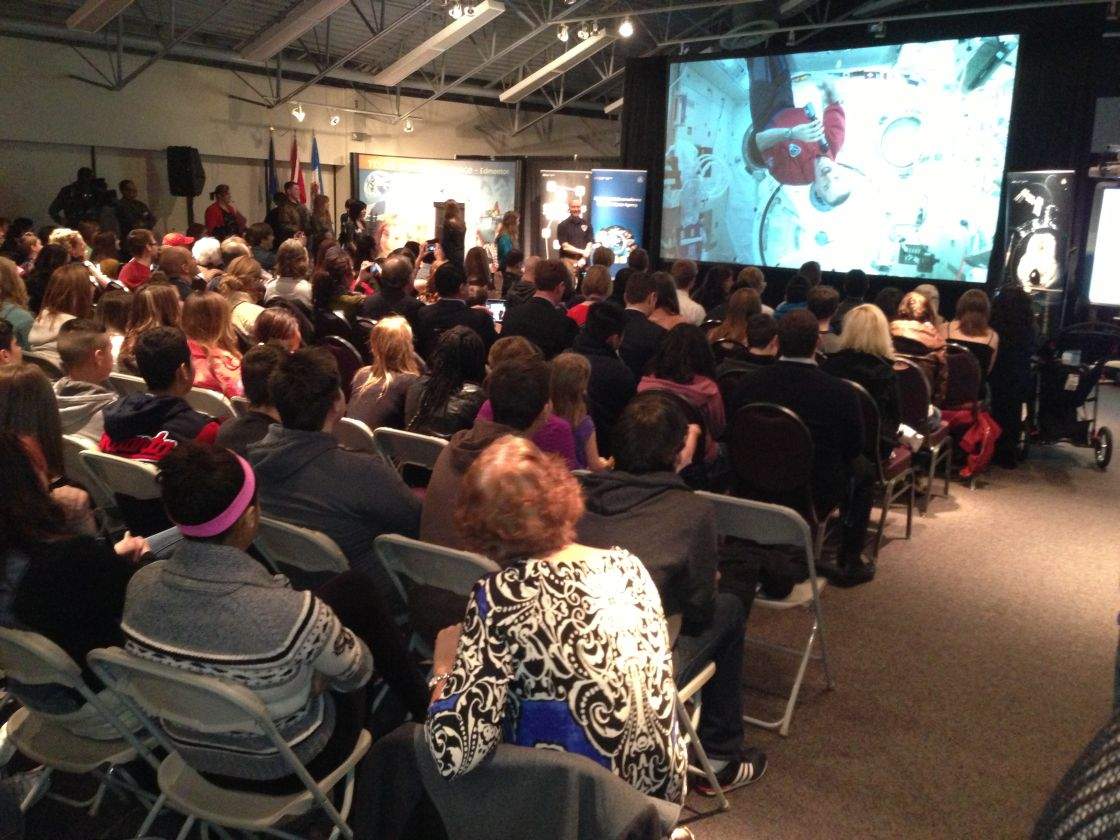 Grade 7-10 students have a Q&A session with Chris Hadfield at the Telus World of Science in Edmonton April 9, 2013.