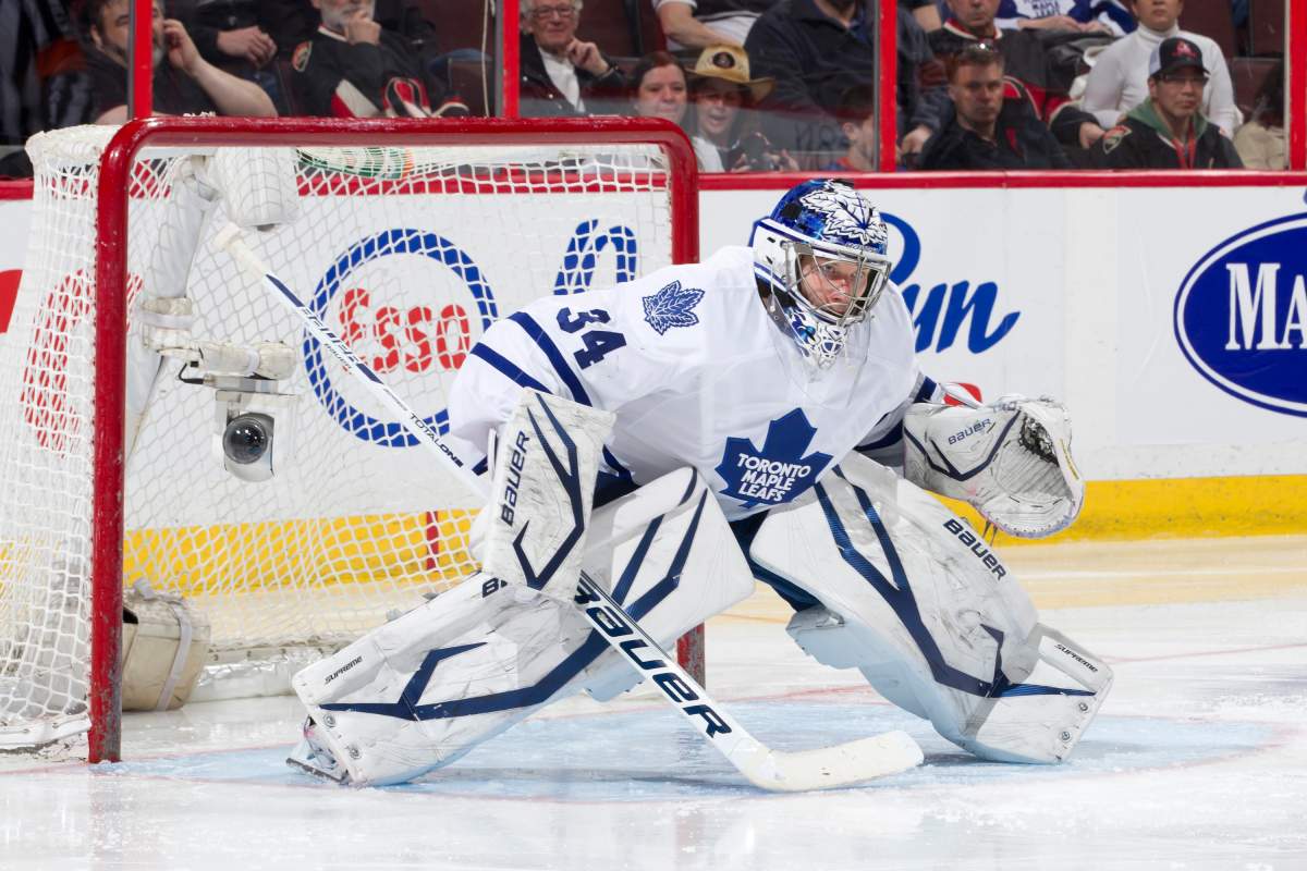 James Reimer #34 of the Toronto Maple Leafs guards his net during an NHL game against the Ottawa Senators, at Scotiabank Place, on March 30, 2013 in Ottawa, Ontario, Canada.  