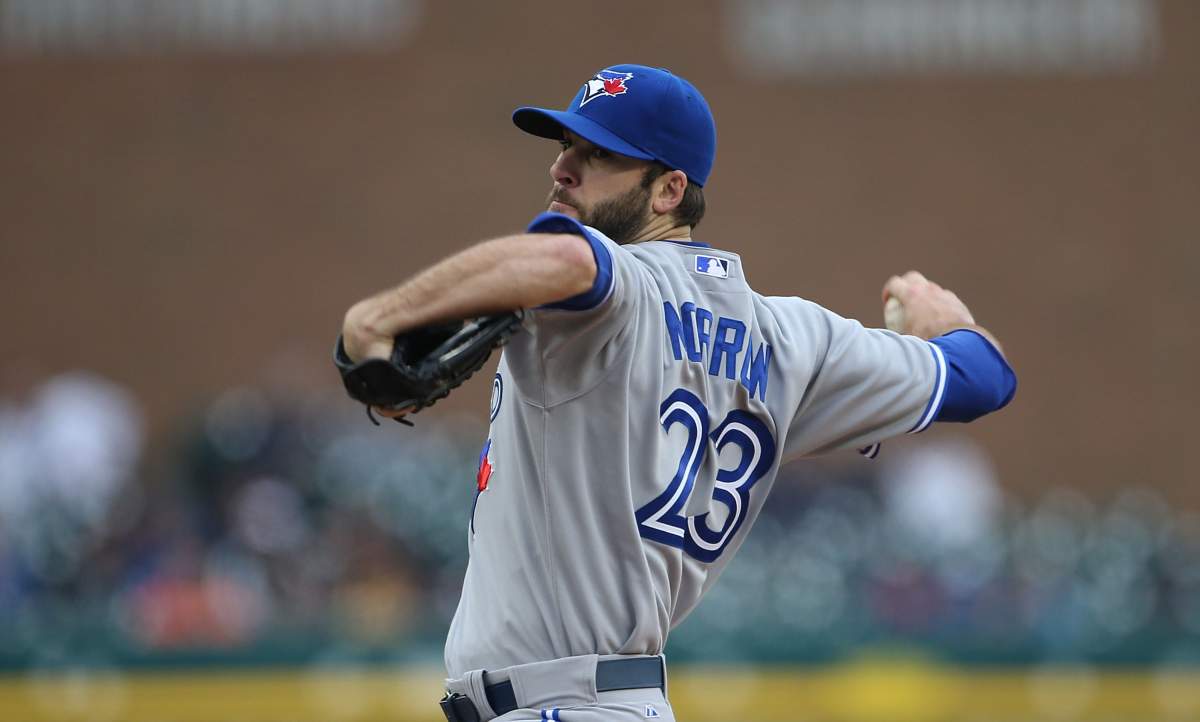 Brandon Morrow #23 of the Toronto Blue Jays pitches in the first inning during the game against the Detroit Tigers at Comerica Park on April 9, 2013 in Detroit, Michigan.