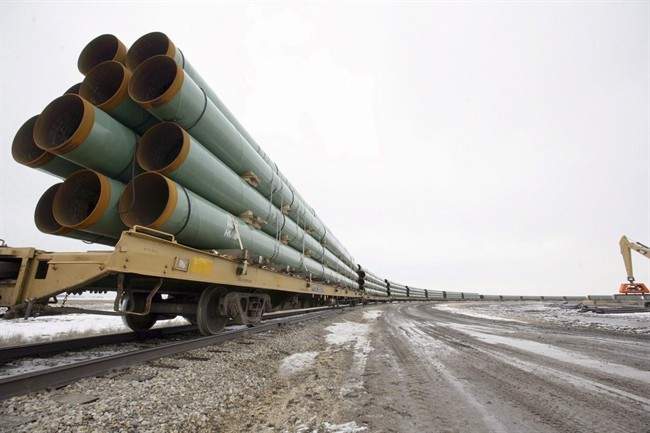 Rail cars arrive in Milton, N.D., loaded with pipe for TransCanada's Keystone XL project in this Feb. 28, 2008 file photo. 