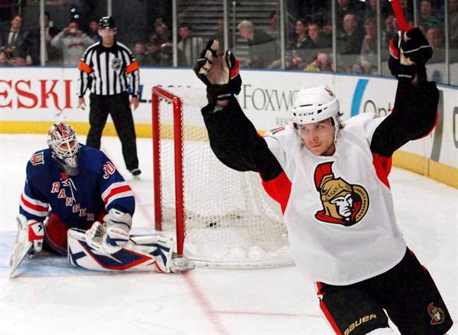 Ottawa Senators' Erik Karlsson celebrates after scoring in a shootout against the New York Rangers, in New York in this March 24, 2011 file photo.