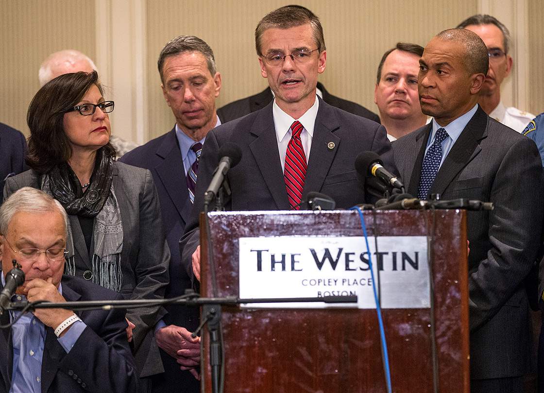 Front, from left to right: Mayor Thomas M. Menino, FBI Special Agent Richard DesLauriers, and Gov. Deval Patrick spoke during a press conference regarding Monday’s bombings on Boylston Street, during the Boston Marathon.