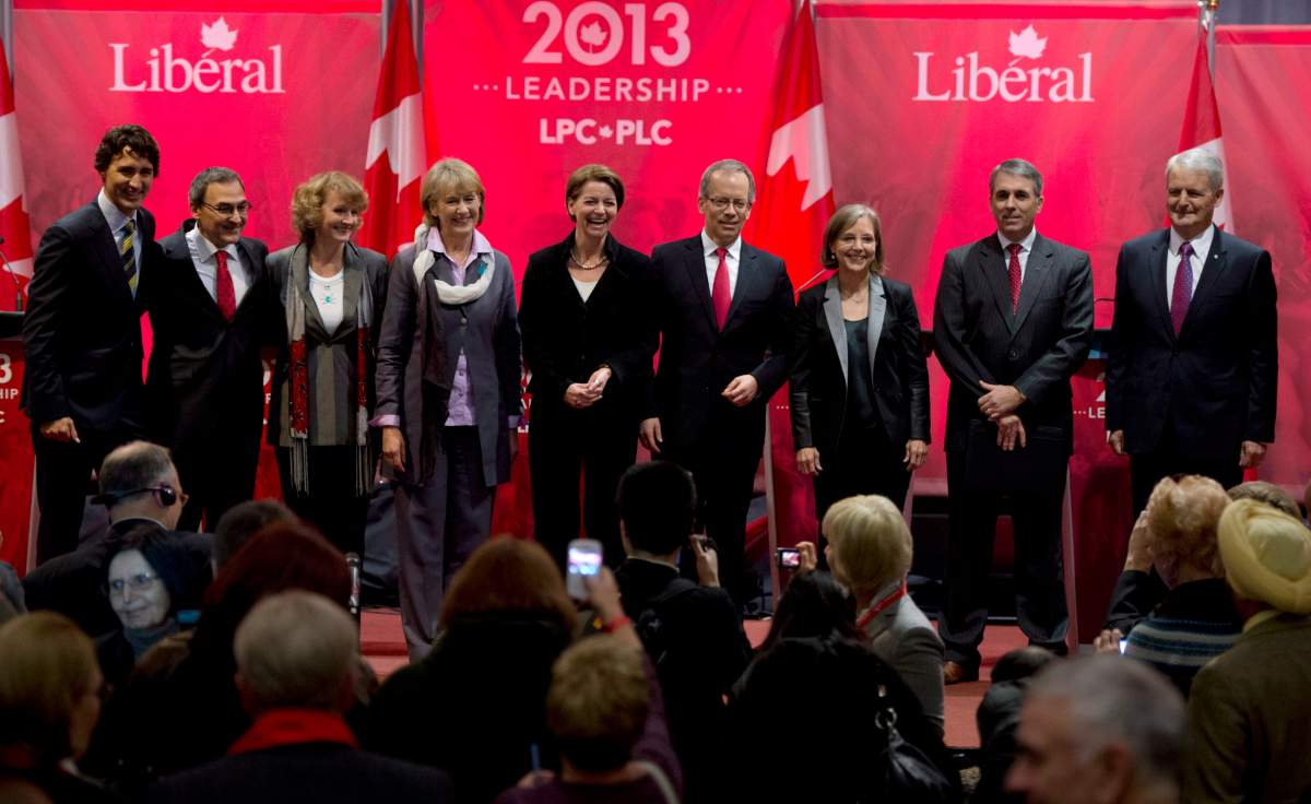 Federal Liberal Leadership candidates Justin Trudeau, left to right, Martin Cauchon, Karen McCrimmon, Joyce Murray, Martha Hall Findlay, George Takach, Deborah Coyne, David Bertschi and Marc Garneau.