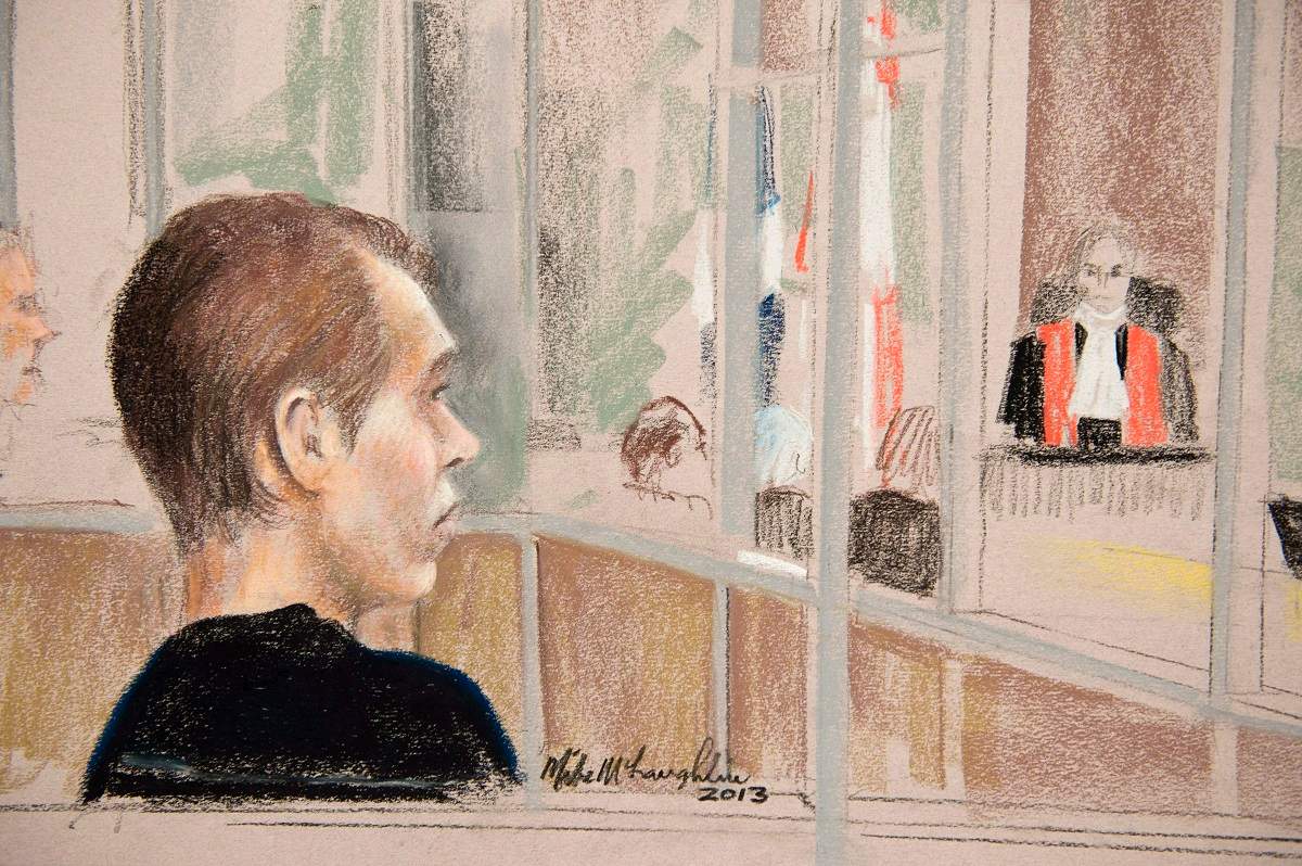 Alleged killer Luka Rocco Magnotta is seen in court in a artist drawing Wednesday, January 9, 2013 . 