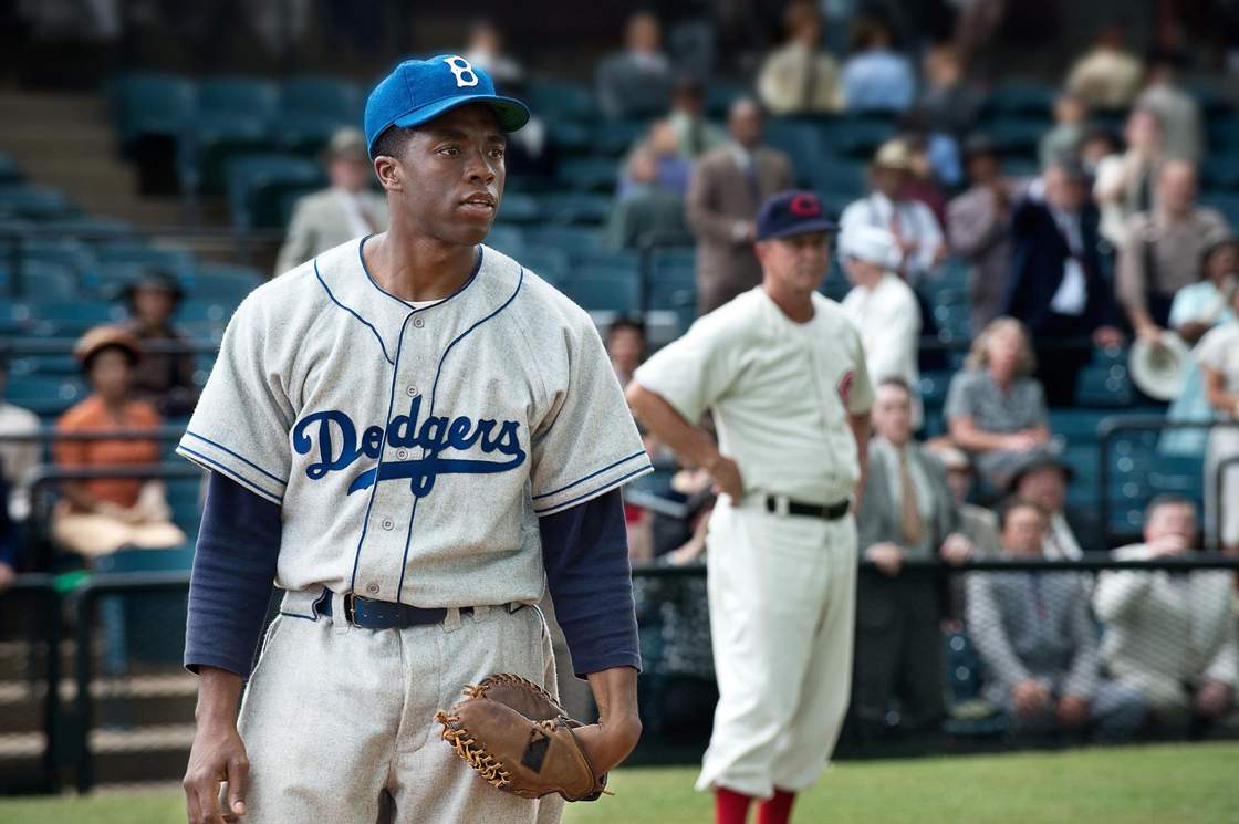 Chadwick Boseman stars as Jackie Robinson in '42.'.