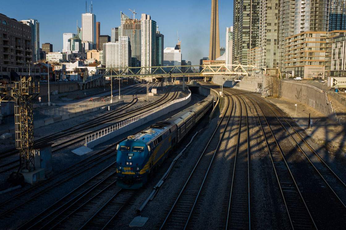 A Via Rail train leaves Union Station, bound for Windsor on April 22, 2013 in Toronto.