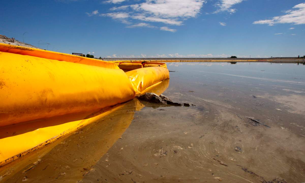 Debris pushes up against a boom as it stretches out to contain a pipeline leak on the Gleniffer reservoir near Innisfail, Alta., Tuesday, June 12, 2012.