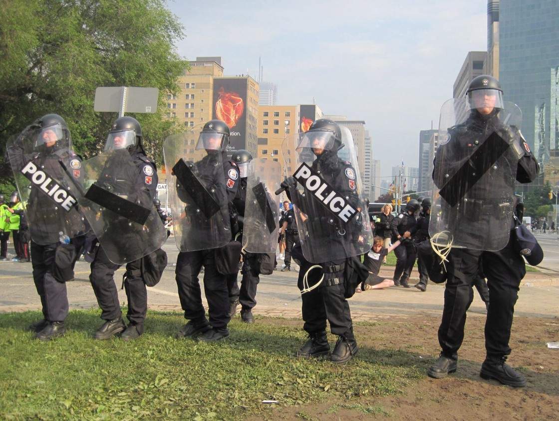 This court exhibit photo taken by Andrew Wallace shows the arrest of Dorian Barton at a G20 protest on June 26, 2010.