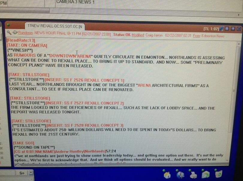 Global Edmonton arena script dated February 22, 2007