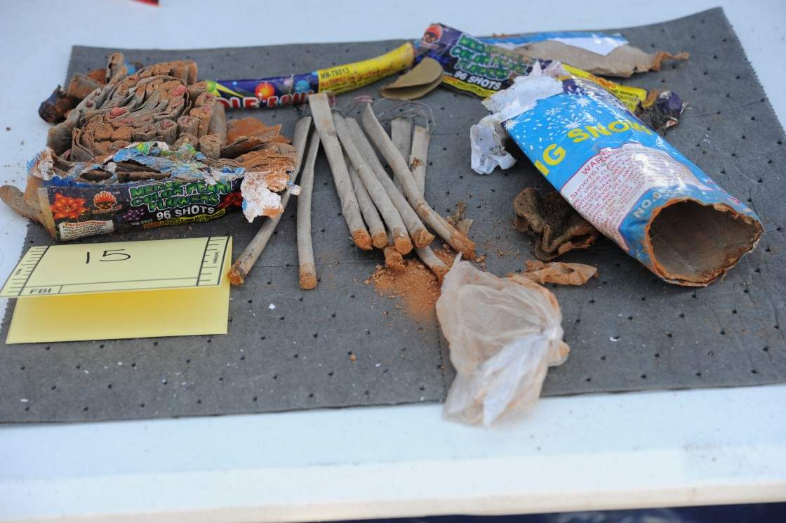 In this handout provided by the U.S. Department of Justice, a collection of fireworks that was found inside a backpack that belonged to Boston Marathon bombing suspect Dzhokhar Tsarnaev taken on an unspecified date and place. The backpack was recovered by law enforcement agents from a landfill in New Bedford, Massachusetts on April 26, 2013.