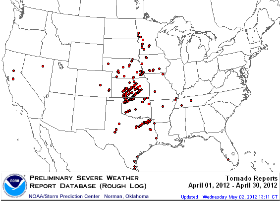 This map shows the preliminary tornado reports (before confirmation by the U.S. National Weather Service) from April 1, 2012, to April 30, 2012.