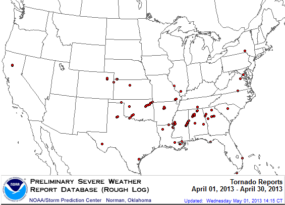This map shows the preliminary number of tornadoes from April 1, 2013 to April 30, 2013.