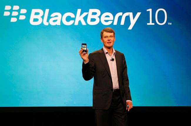 In this May 1, 2012 photo, Research In Motion's Thorsten Heins delivers the keynote speech during the BlackBerry World conference in Orlando, Fla. THE CANADIAN PRESS/AP, Reinhold Matay.
