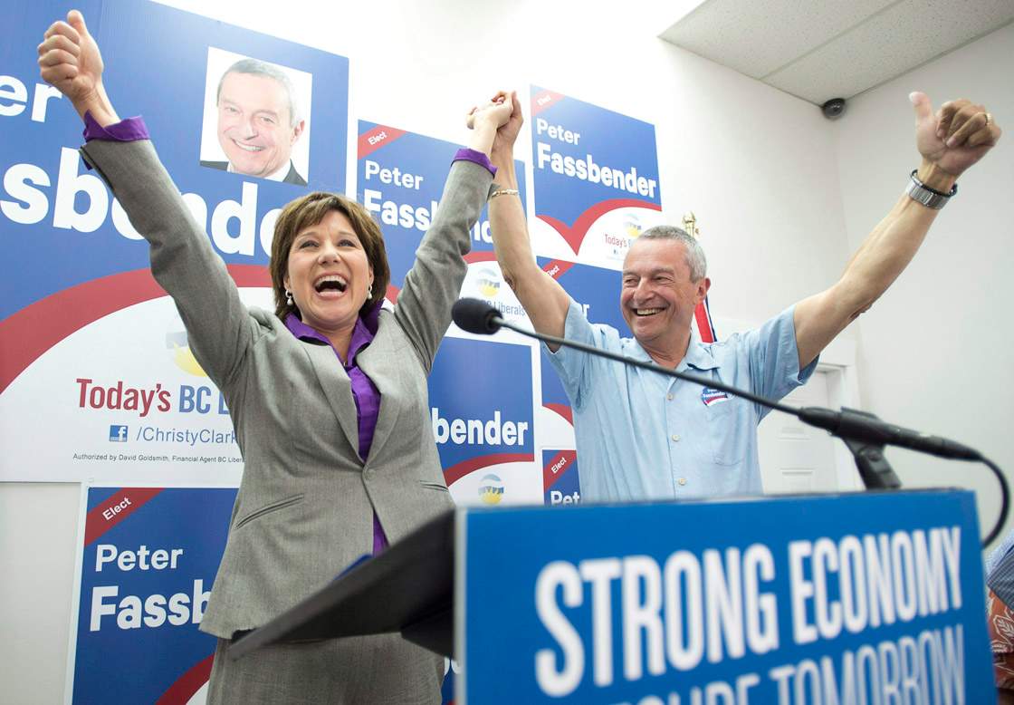 BC Liberal leader Christy Clark and Peter Fassbender in Surrey, B.C. Saturday, May 11, 2013.