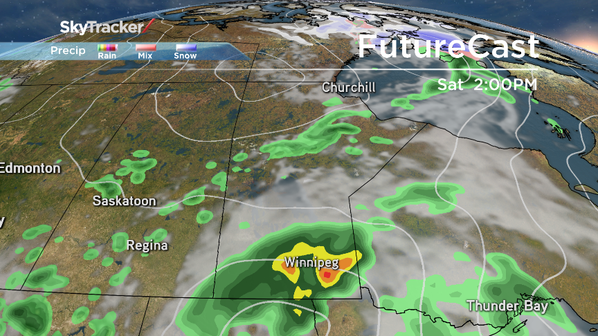 Heavy bands of rain and thunderstorms push into Southern Manitoba Saturday.