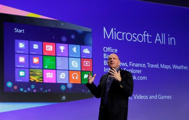 Microsoft CEO Steve Ballmer gives his presentation at the launch of Microsoft Windows 8, in New York, in this Oct. 25, 2012 file photo. Microsoft is retooling the latest version of its Windows operating system to address complaints and confusion that have been blamed for deepening a slump in personal computer sales. The tune up announced Tuesday May 7, 2013 won't be released to consumers and businesses until later this year. 