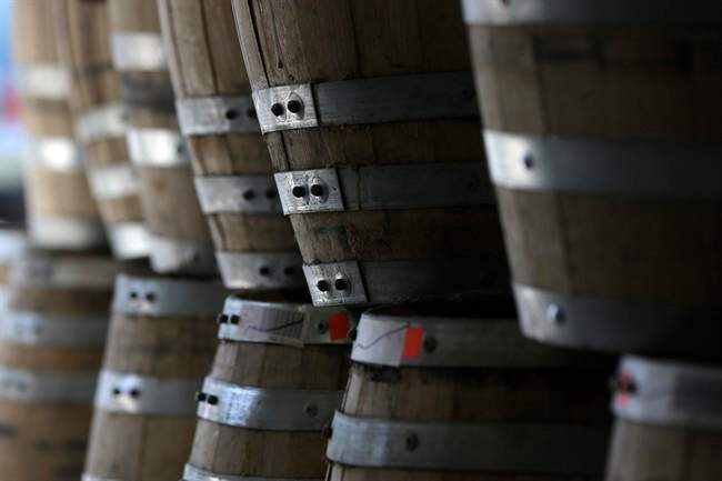 Barrels of baby bourbon are stacked at Tuthilltown Spirits.