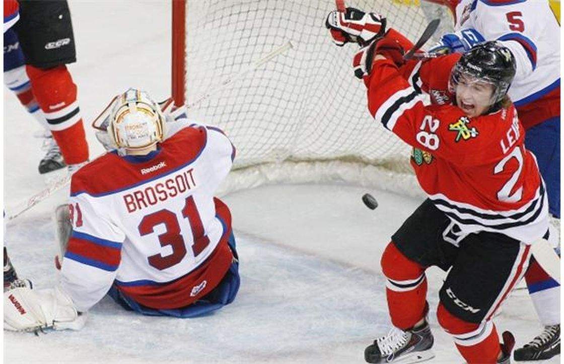 Portland Winterhawks centre Brendan Leipsic celebrates his first-period goal against Edmonton Oil Kings goalie Laurent Brossoit during Game 4 of the WHL final at Rexall Place on Wednesday night. Game 5 goes Friday night in Portland.