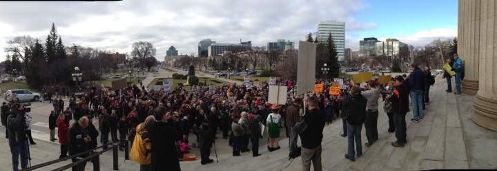 Protesters gathered at the Manitoba Legislature to rally against the PST hike on May 2, 2013.