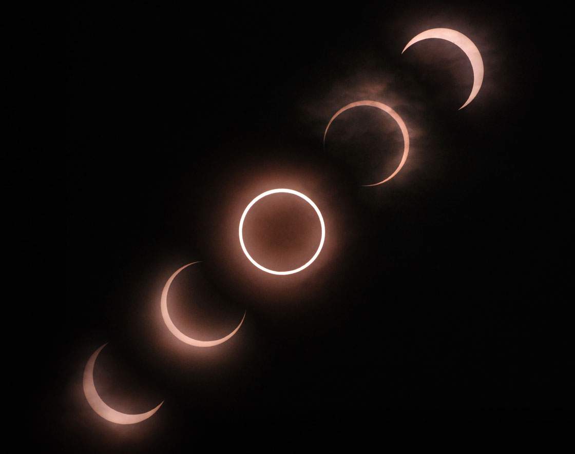 The progression of an annular solar eclipse seen from Tokyo, Japan in 2012.