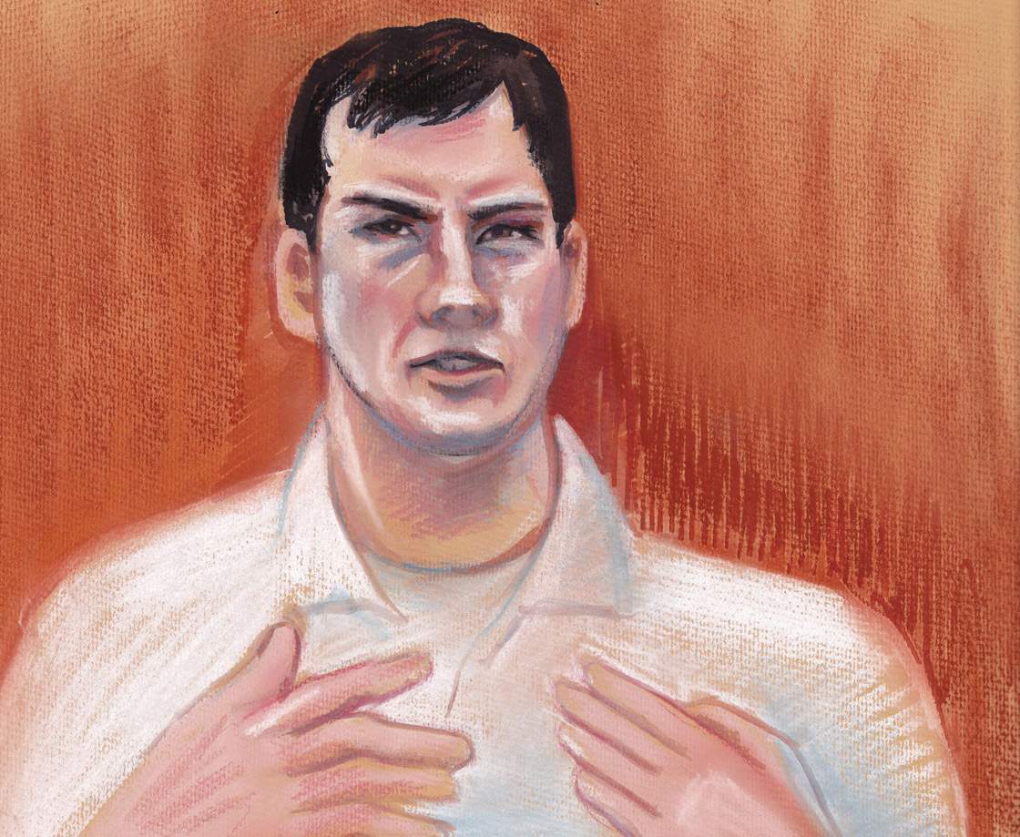 A sketch depicting Mark Twitchell during his trial at the Law Courts in Edmonton, Alta., on Wednesday, April 6, 2011.