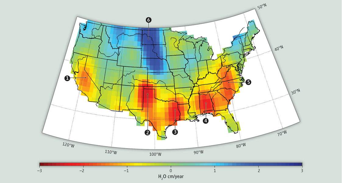 A map showing the water levels across the United States. Higher groundwater levels extend from the Missouri River Basin up into Alberta and Saskatchewan. (University of Texas, CSR Release-05 and prepared by Caroline de Linage, UC Irvine)