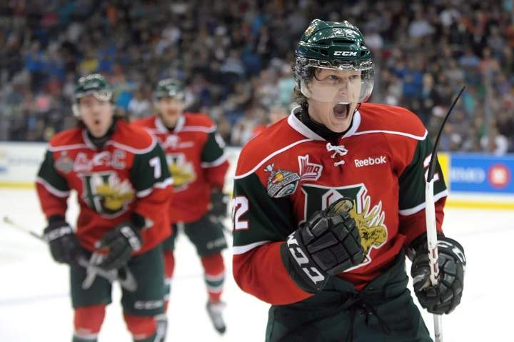 Halifax Mooseheads centre Nathan MacKinnon celebrates a goal against the Portland Winterhawks during the third period of Memorial Cup final action in Saskatoon, Sask., on Sunday, May 26, 2013.
