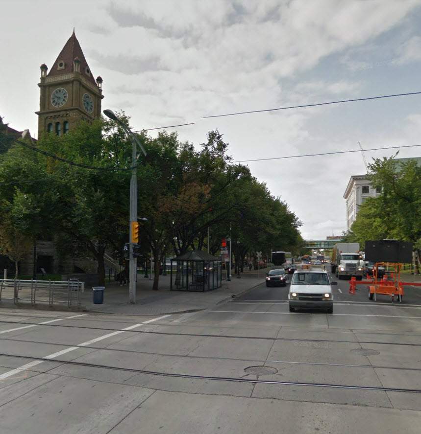 The clock tower at Old City Hall in Calgary. (Image from Google Street View)