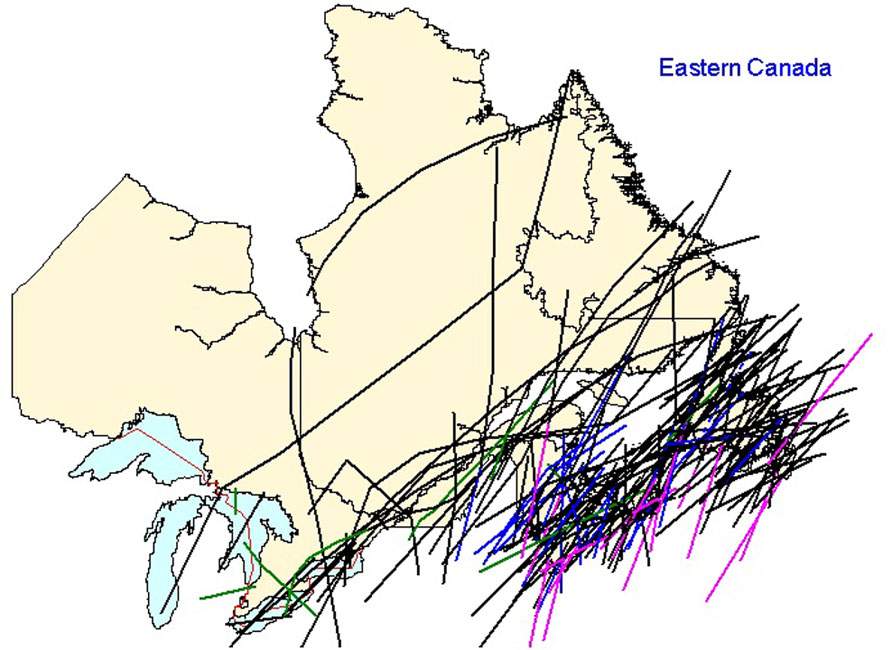 A map showing all the tracks of hurricanes and tropical storms that have affected eastern Canada.