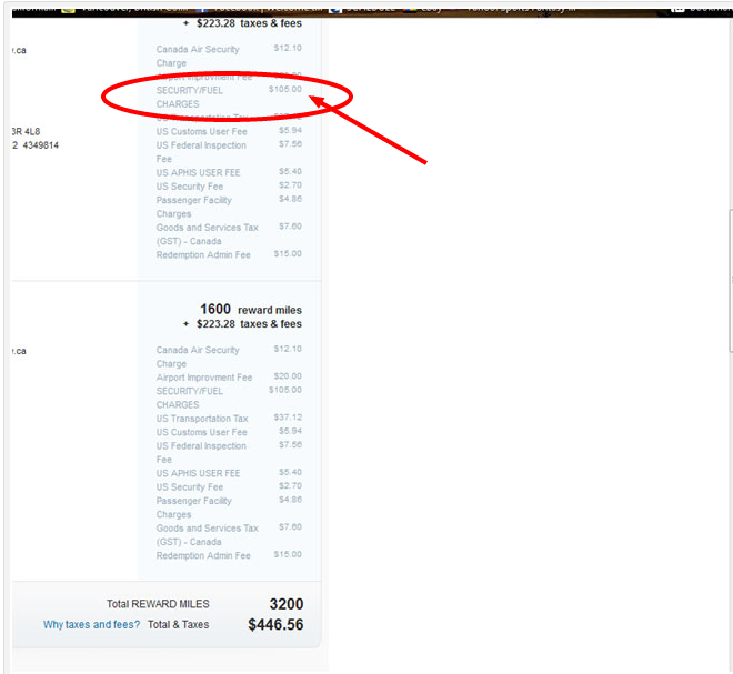 Air Miles required Haynes, who took this screenshot from the Air Miles website, to pay $105 per ticket for “Security/Fuel Charges.” The fee wasn’t present in the taxes and fees breakdown provided by WestJet.