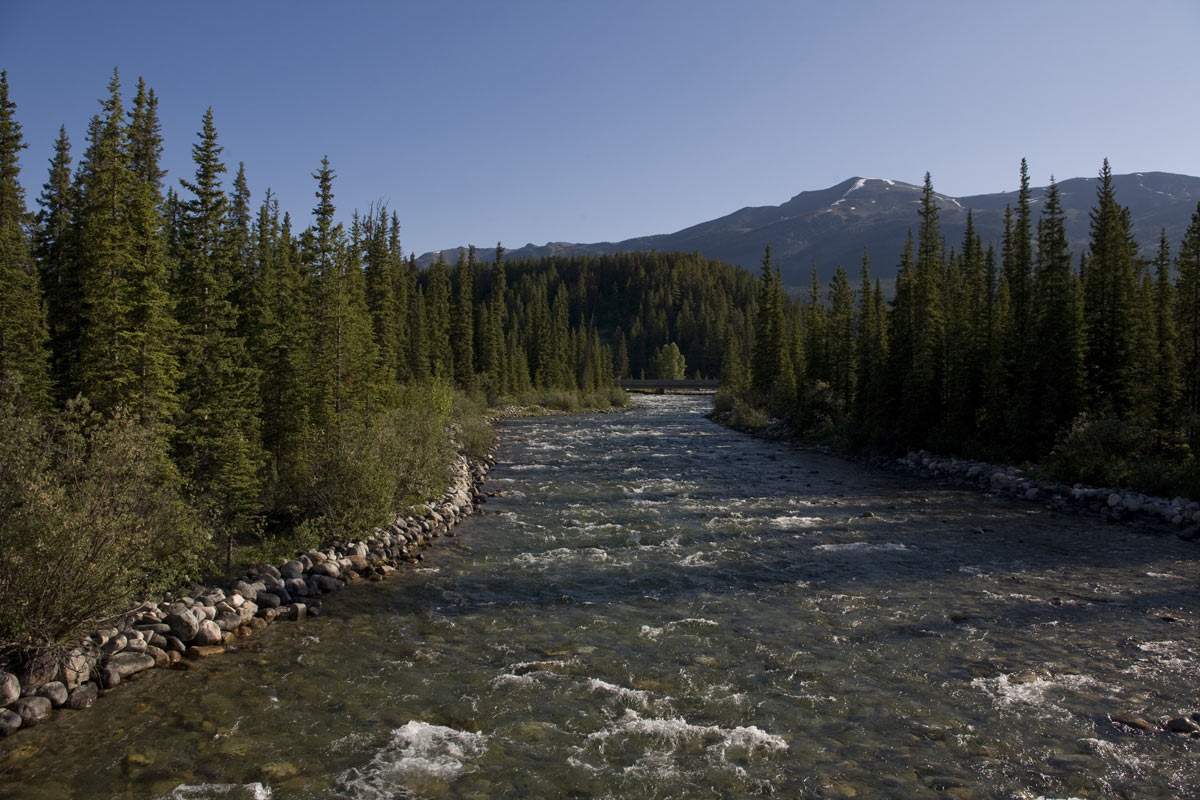 The Bow River flows through the valley as seen in this 2009 Lake Louise, Canada summer morning photo.
