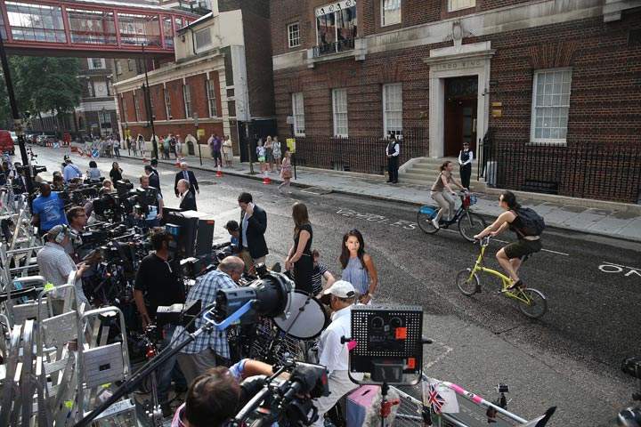 Members of the world's media gather outside The Lindo Wing as The Duchess Of Cambridge goes into labour at St Mary's Hospital on July 22, in London, England.  