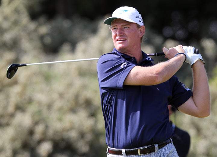 South Africa’s Ernie Els tees off on the third during the third round of the 2013 British Open Golf Championship at Muirfield golf course at Gullane in Scotland on July 20, 2013 . (Photo credit: PETER MUHLY/AFP/Getty Images)