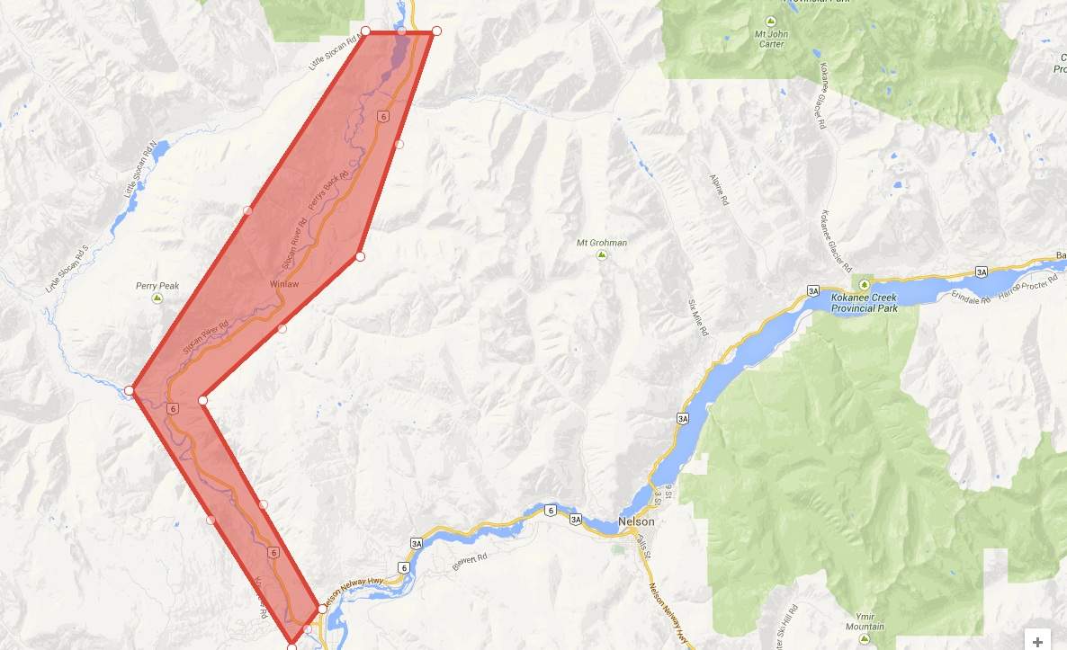 Approximate area of the evacuation order in Slocan Valley. It covers covers 300 meters on either side of Lemon Creek and the Slocan River from the junction of highways 3A and 6 to three kilometers north of Lemon Creek.