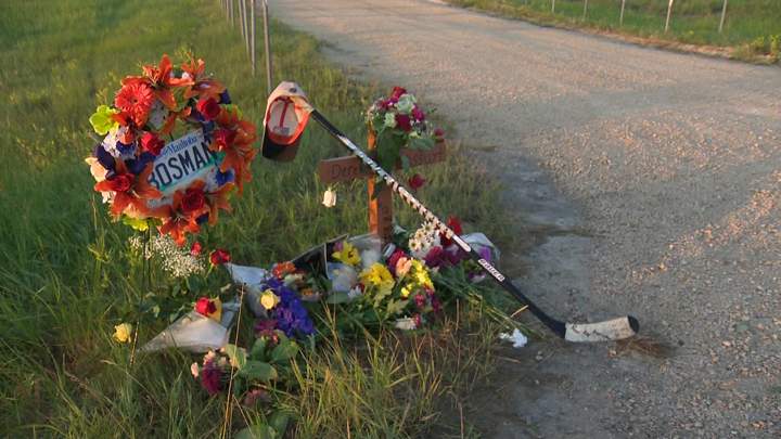 Family and friends created a memorial for Derek Bossuyt after he was killed as he left the John Blumberg Golf Course just west of Winnipeg.
