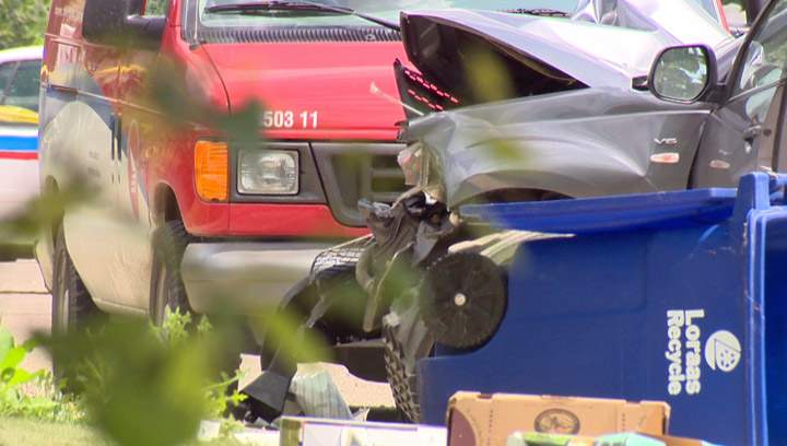 Man taken to hospital with serious injuries after car strikes two pedestrians, pickup truck in Saskatoon on Wednesday.